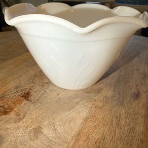 vintage Hazel Atlas milk glass serving bowl, cattail design with ruffled edge